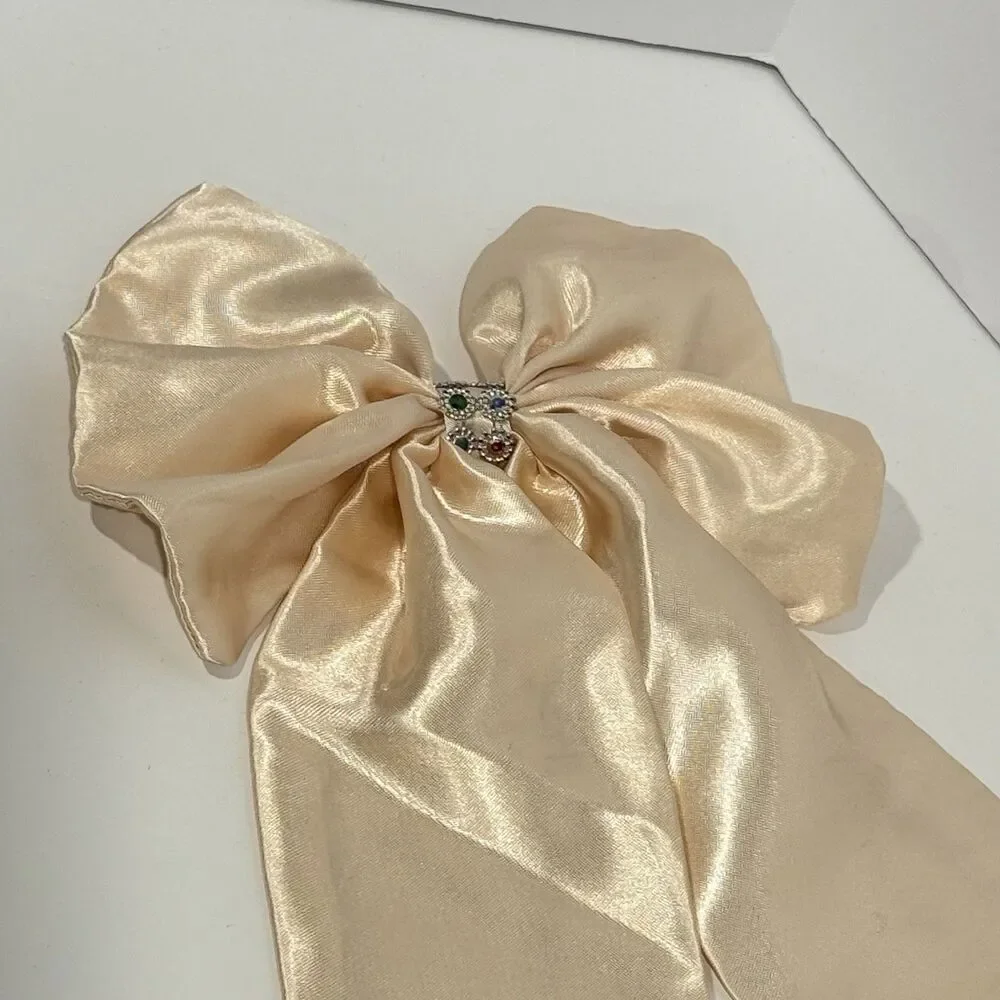 Oversized Satin Bow Bridal Bow Embellished Hair Bow Long Tail Women’s Hair Bow - Picture 4 of 15